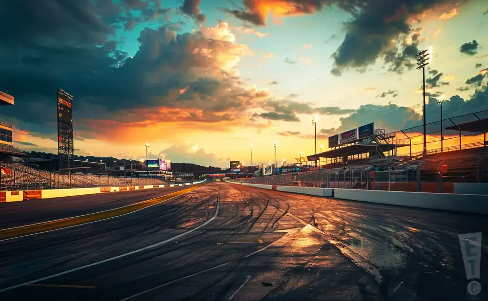 Race track at sunset with dramatic clouds and wet asphalt reflecting the colorful sky.