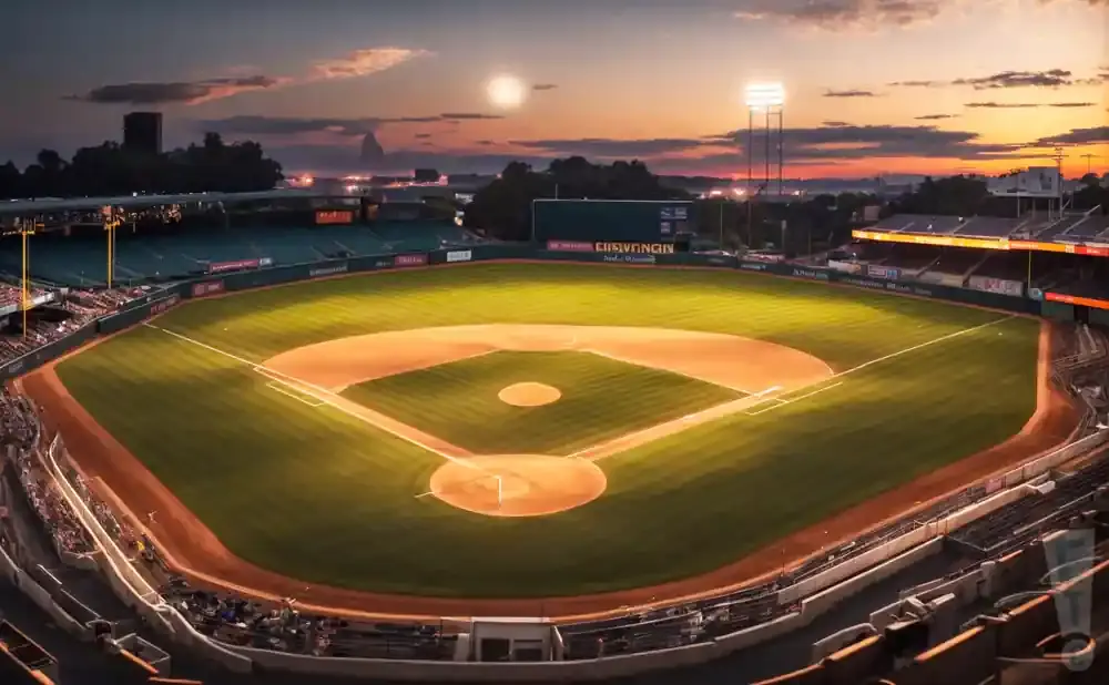 Baseball stadium at sunset, with lights on and a warm glow over the field and stands.