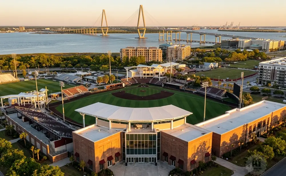 Aerial view of a baseball stadium and surrounding buildings with a bridge and harbor in the background.