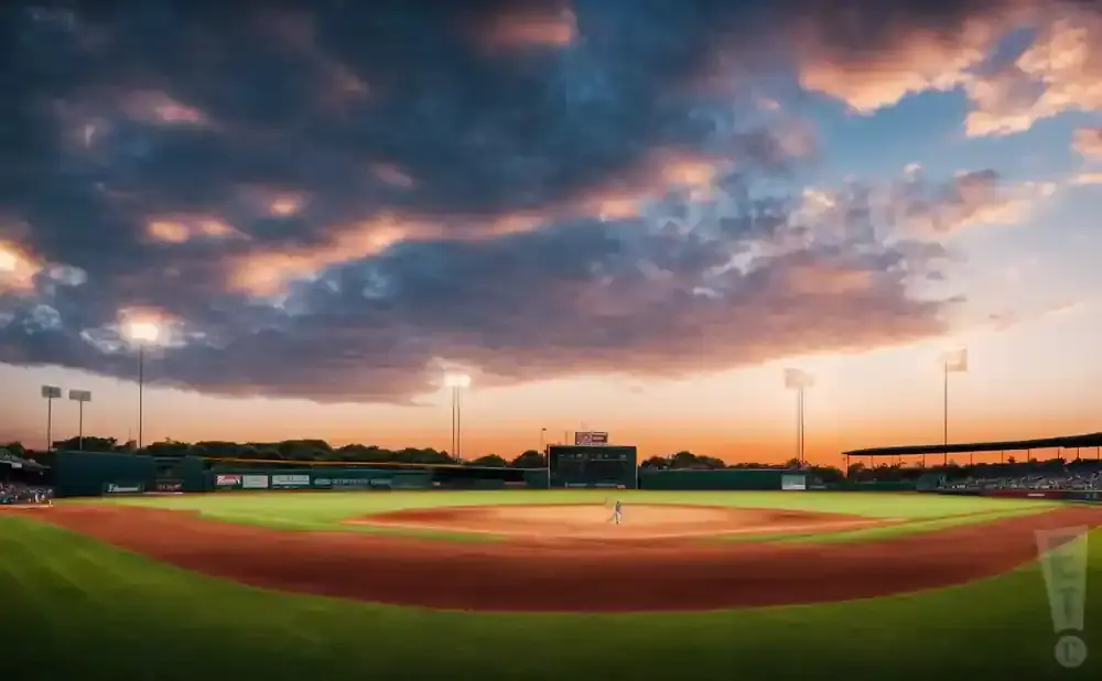 A baseball field at sunset, with dramatic clouds, stadium lights, and a lone player on the pitcher's mound.