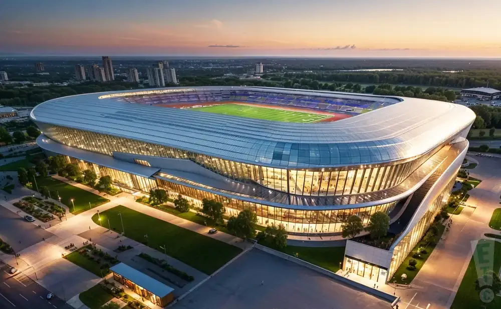 An aerial view of a modern, illuminated stadium with a unique, curved roof and glass facade at dusk.