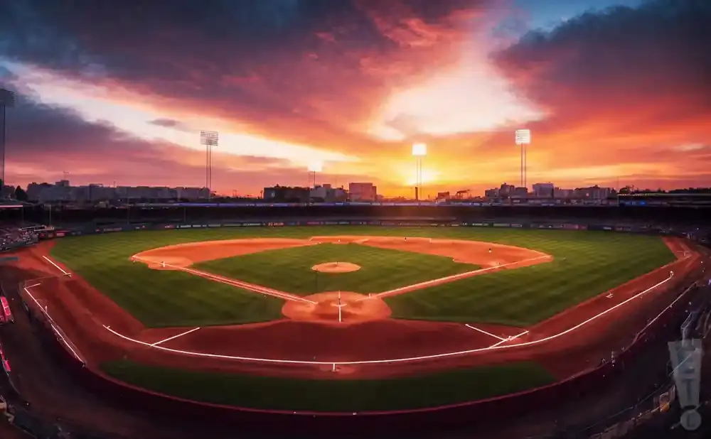 A baseball field at sunset with dramatic orange and purple clouds.