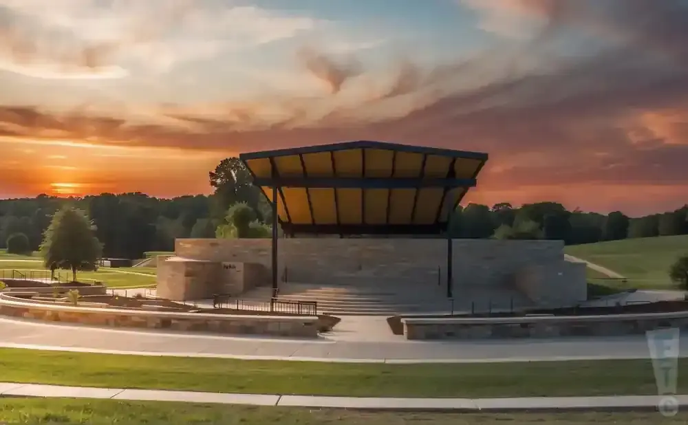 An amphitheater stage with a covered roof and stone seating is set against a sunset sky.