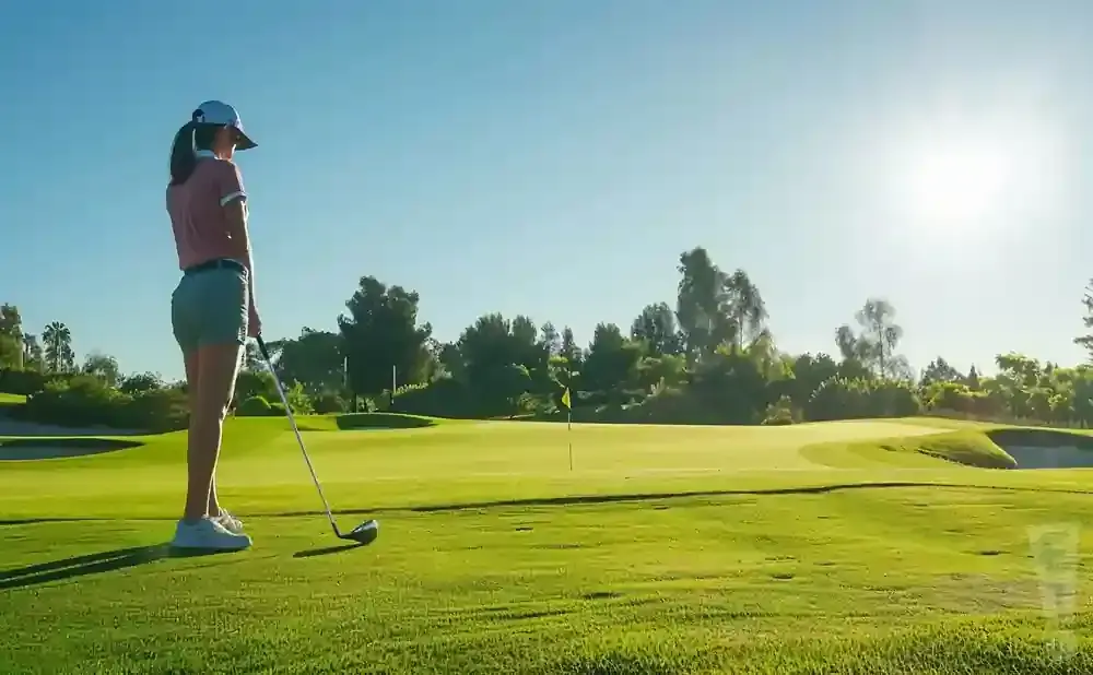 Woman in golf attire on a course, preparing to swing, with a bright, sunny sky.