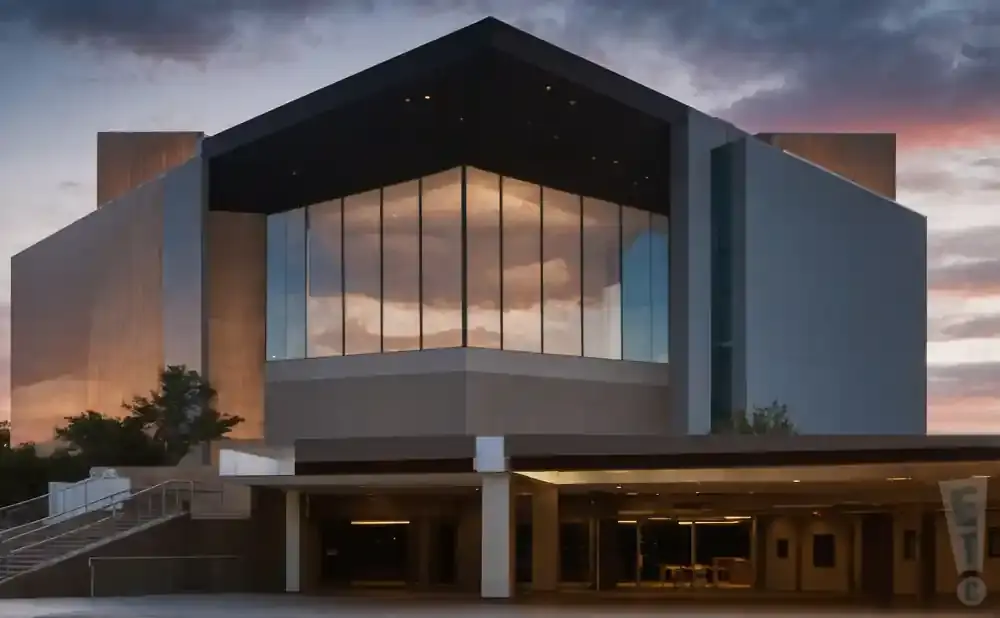 Modern building with large glass windows reflecting dramatic clouds at dusk.