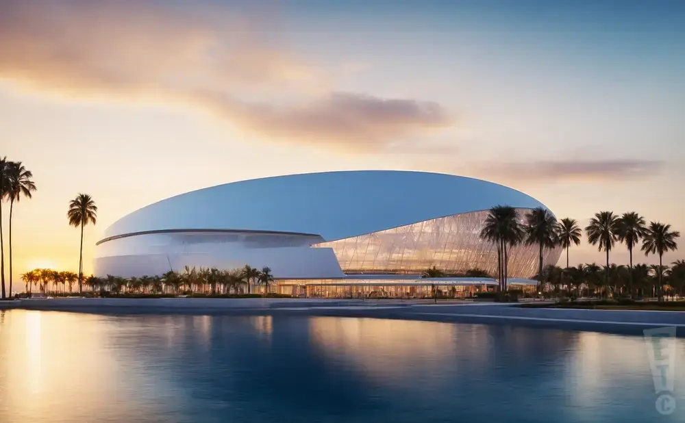 Modern stadium with a curved, glass facade and white roof, surrounded by palm trees and reflected in a body of water at sunset.