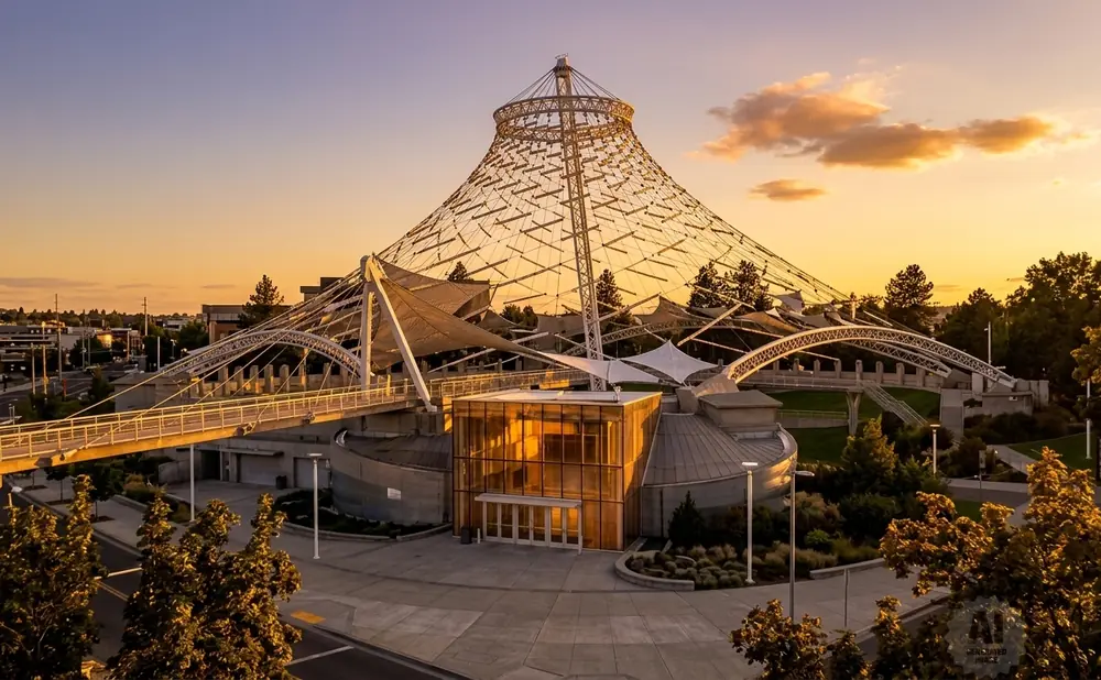 The Pavilion at Riverfront Park in Spokane, Washington, at sunset.