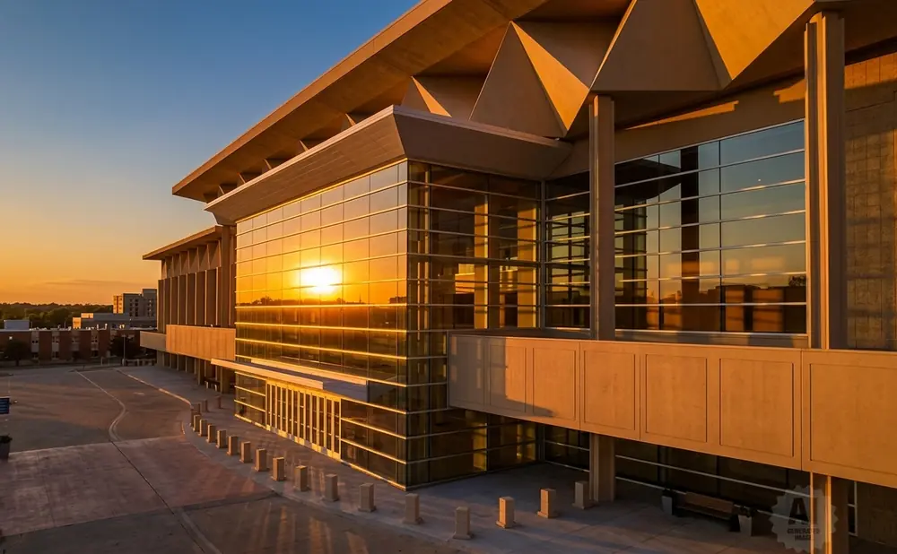 Golden sunset reflects on a modern building with glass walls and angular architecture.