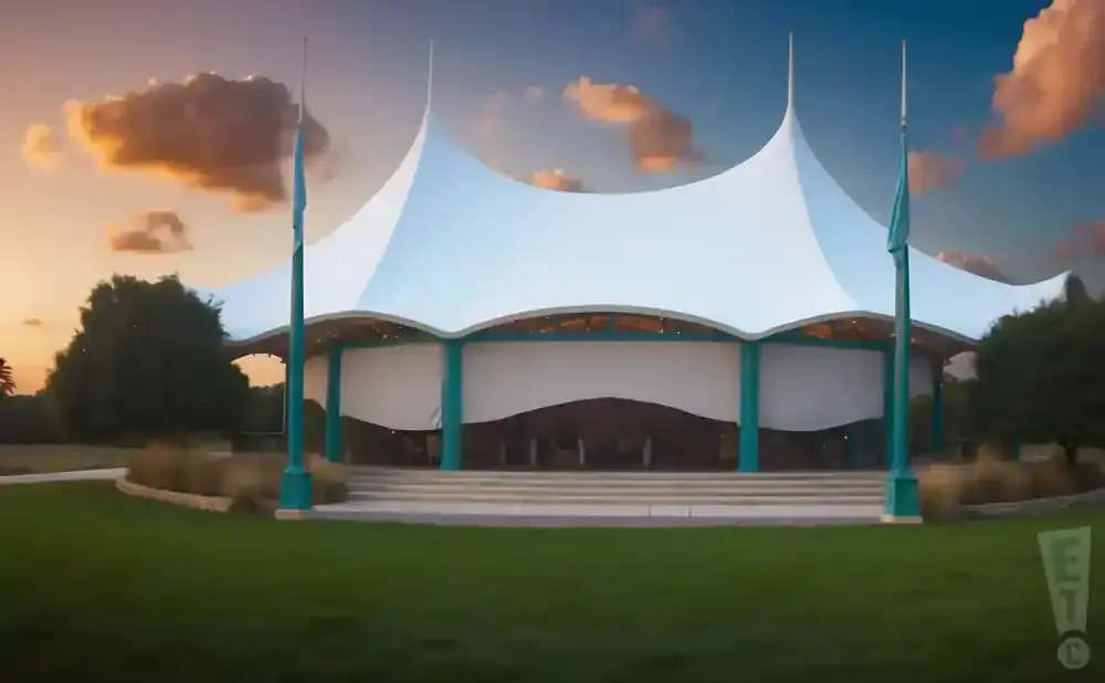 A large white tent with teal poles and trim stands on a grassy area under a cloudy sky at sunset.
