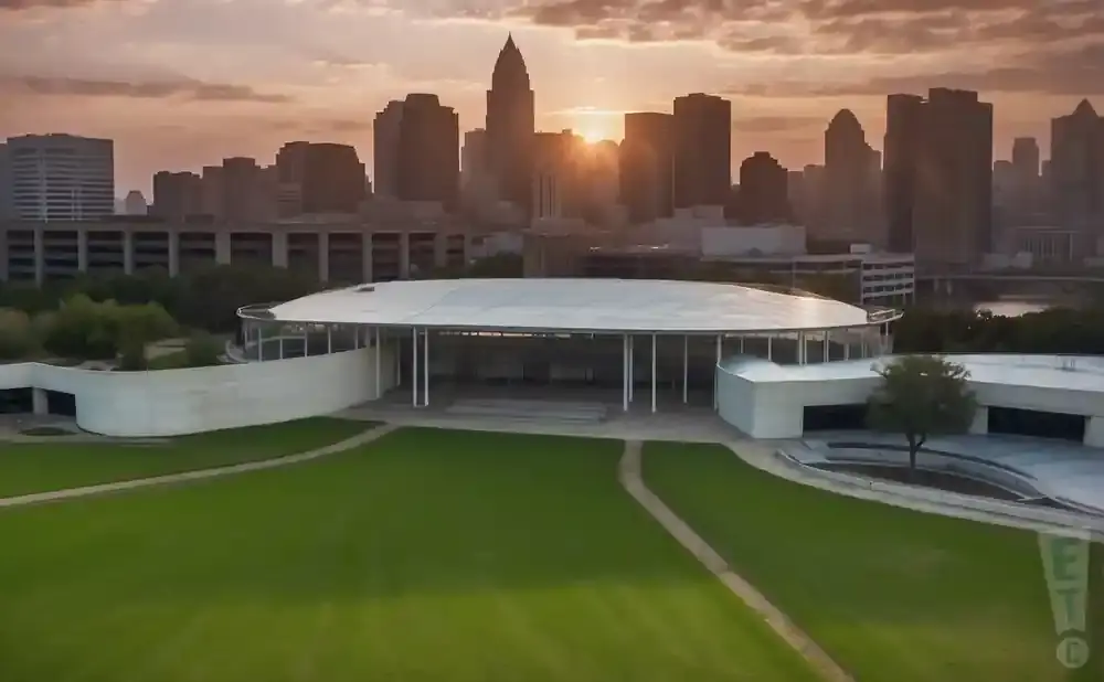 An aerial view of a modern, open-air pavilion with a white roof and a city skyline at sunset.