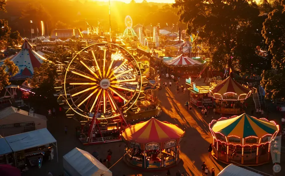 Aerial view of a brightly lit amusement park at sunset, featuring a Ferris wheel, carousels, and other rides.
