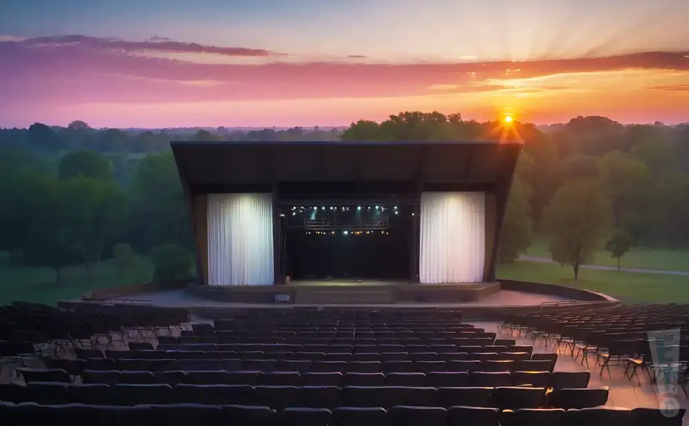 Outdoor amphitheater stage at sunset with a colorful sky and rows of empty seats.