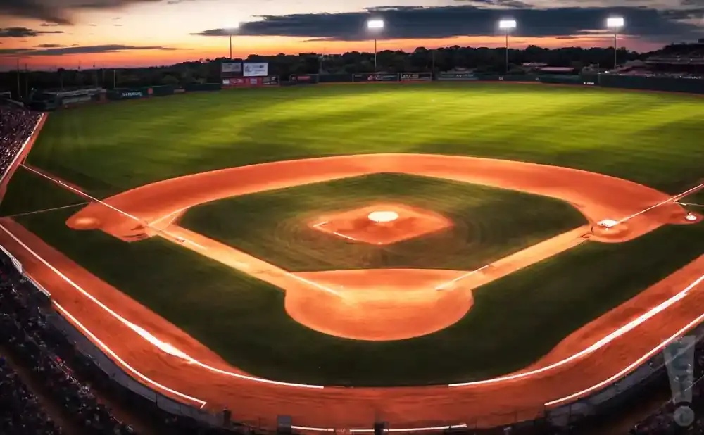 An aerial view of a baseball field at dusk, with bright stadium lights illuminating the infield.