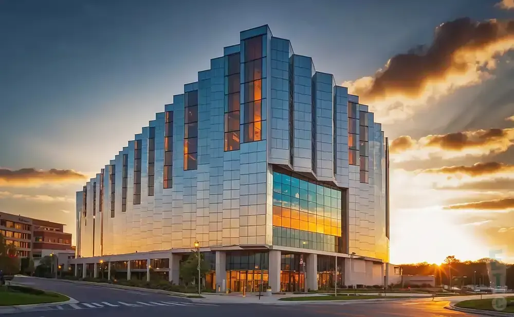 Modern glass building with tiered facade reflects a vibrant sunset.