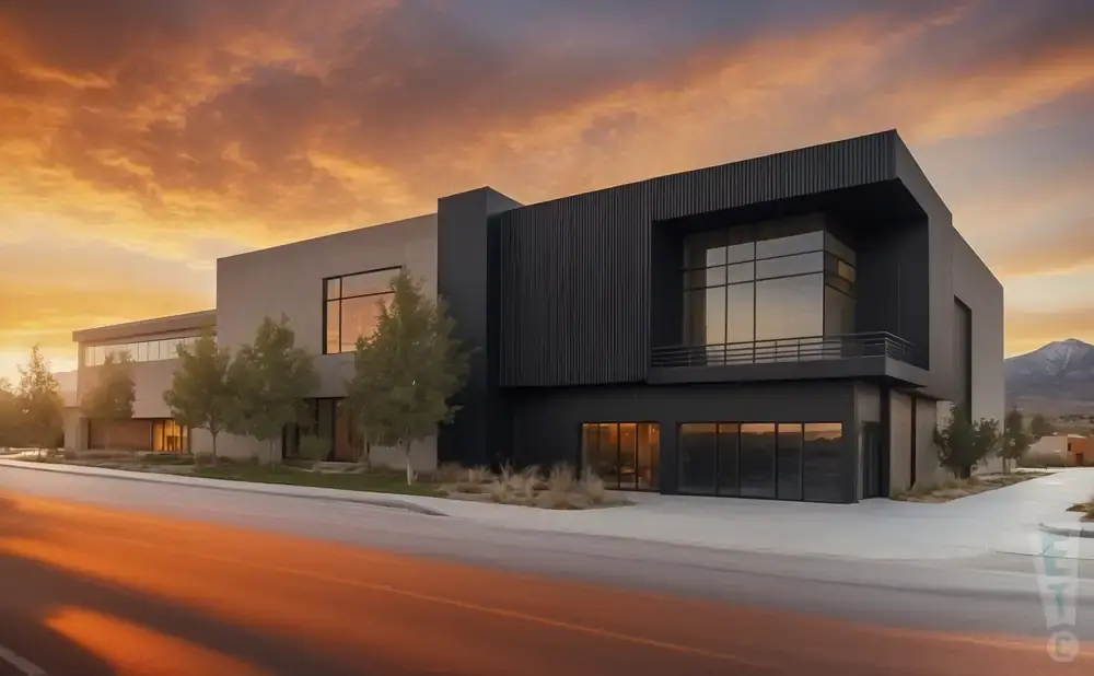 Modern, dark-colored building with large windows against a dramatic sunset sky.
