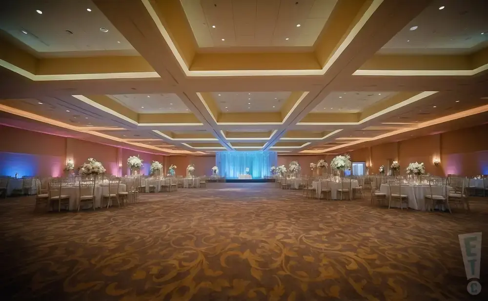 A wide shot of a wedding reception hall with round tables set up, floral centerpieces, and a stage with a blue backdrop.