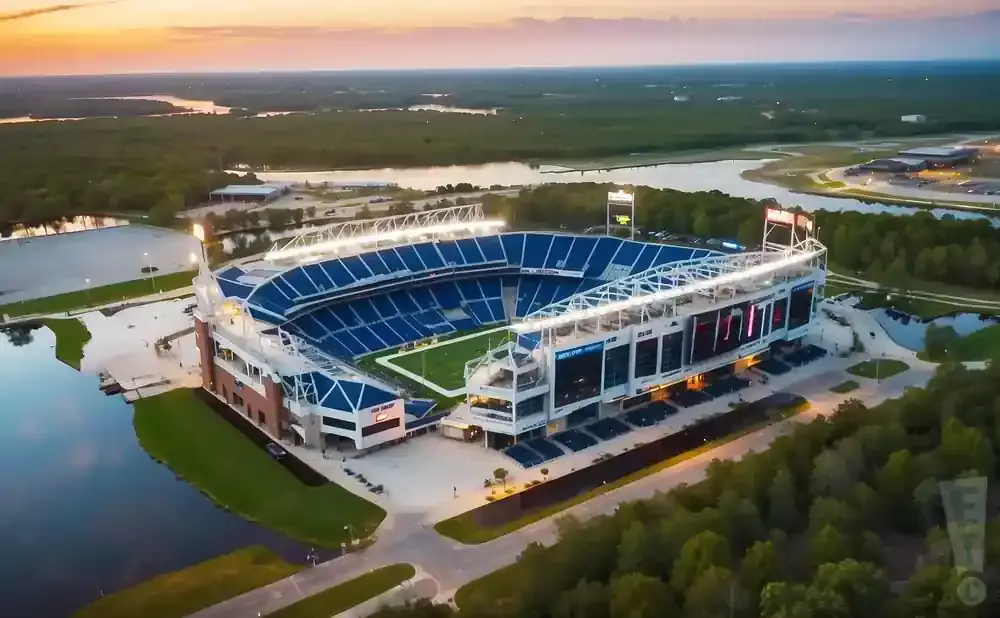 Aerial view of a stadium at sunset, with blue seats and a green field.