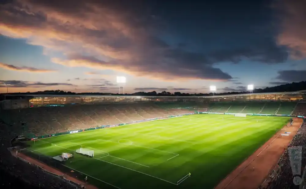 An aerial view of a brightly lit soccer stadium with green grass and empty stands under a cloudy sunset sky.