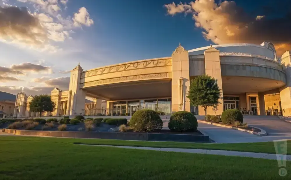 Grand entrance of a building with a curved facade, ornate detailing, and manicured landscaping under a dramatic sky.