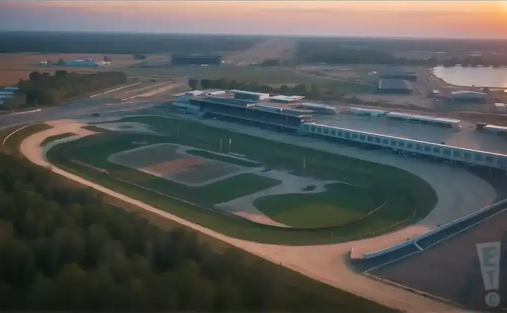 Aerial view of a race track at sunset with grandstands and a lake.
