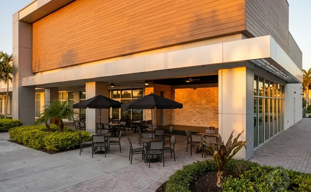 An outdoor seating area with tables, chairs, and black umbrellas in front of a building with a wooden exterior.