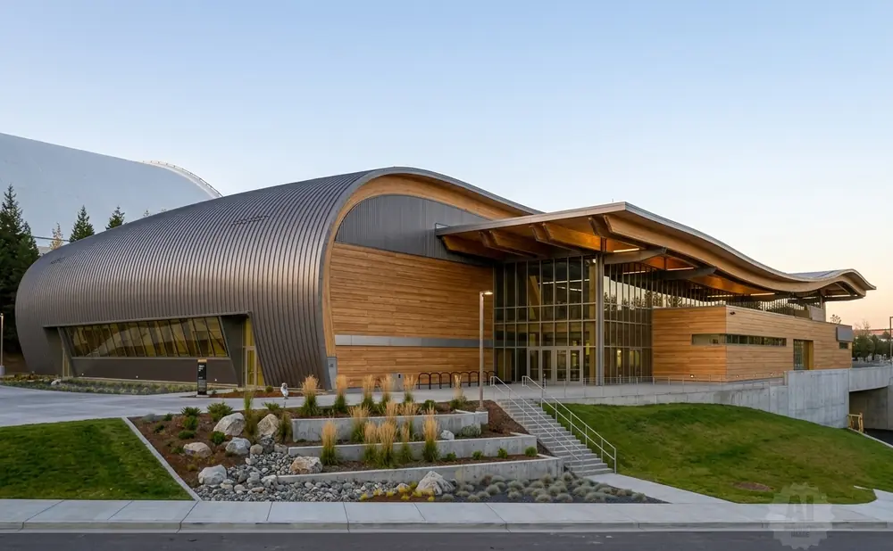 Modern building with a curved metal roof and wooden facade, with landscaping and a clear sky.