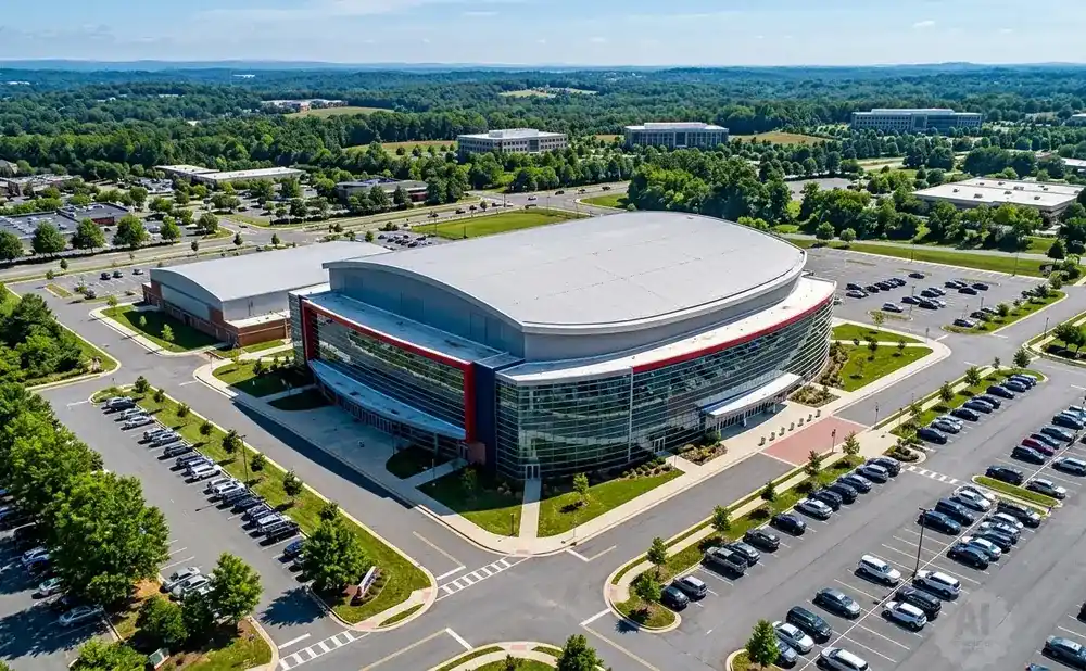 Aerial view of a modern arena with a curved roof and glass facade, surrounded by parking lots and greenery.