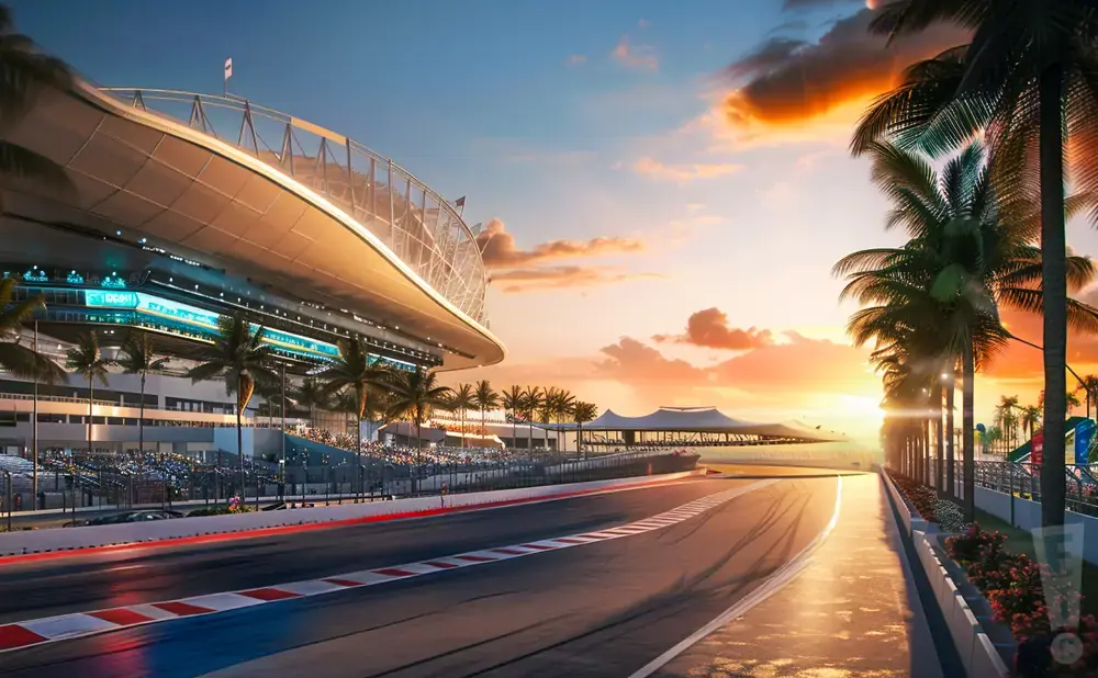 A race track curves past a grandstand under a sunset, with palm trees lining the side.