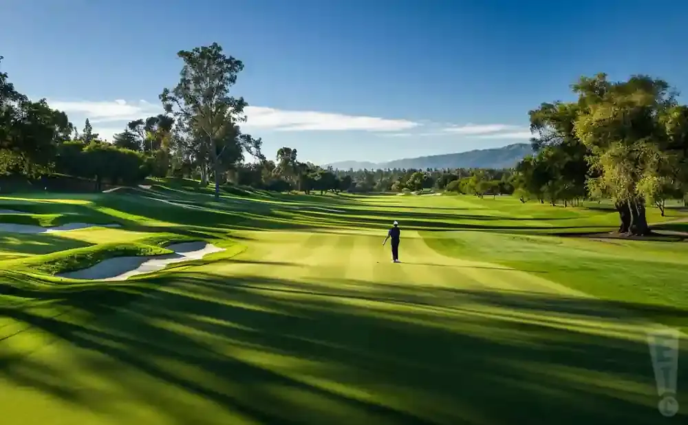 A golfer stands on a lush green fairway, with sand traps and trees surrounding the course.