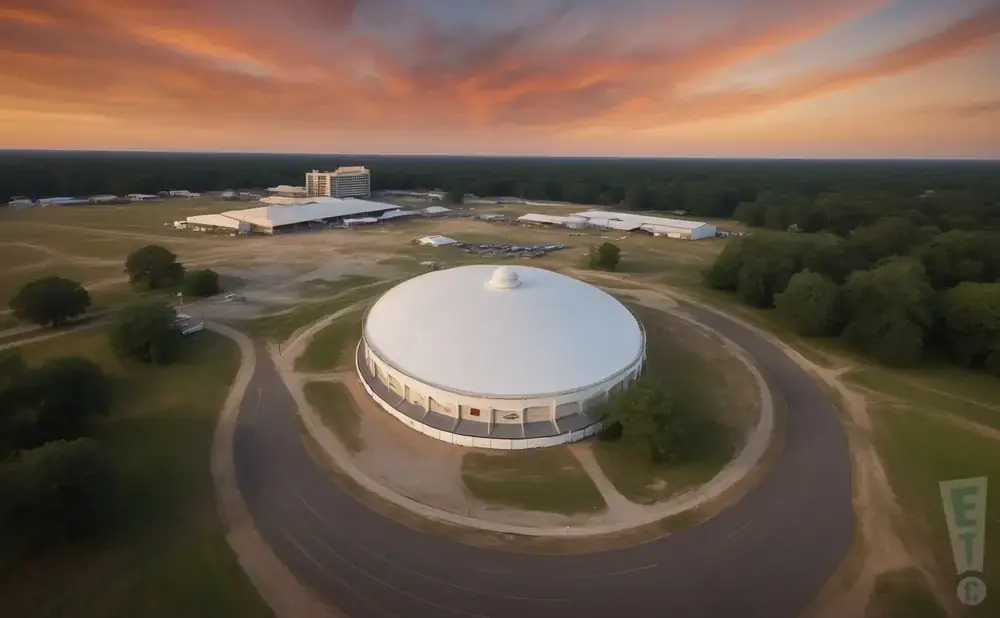 Aerial view of a large domed building at a fairground during sunset.