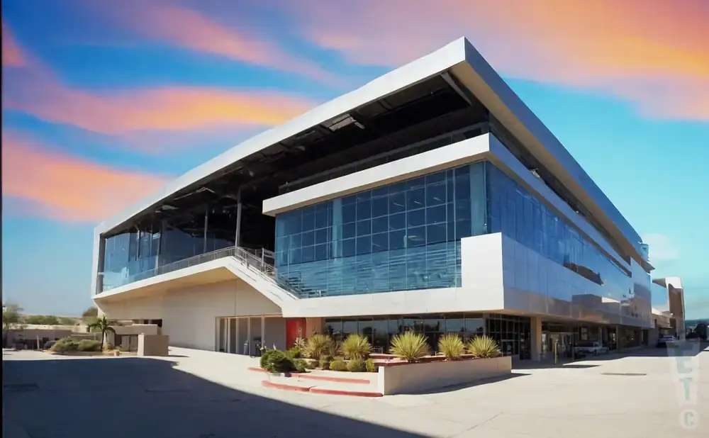 Modern, multi-story building with large glass windows and a metal roof under a colorful sky.