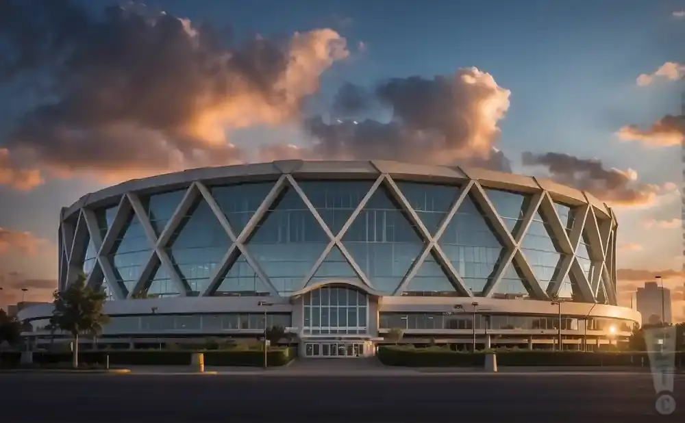 A modern, diamond-patterned arena at sunset, with dramatic clouds.