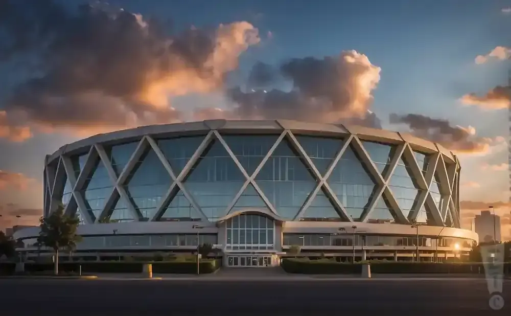 Modern stadium with a geometric facade and a dramatic sunset sky.