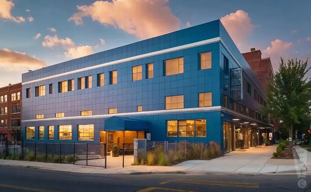 Modern blue building with large windows at dusk, with clouds in the sky.