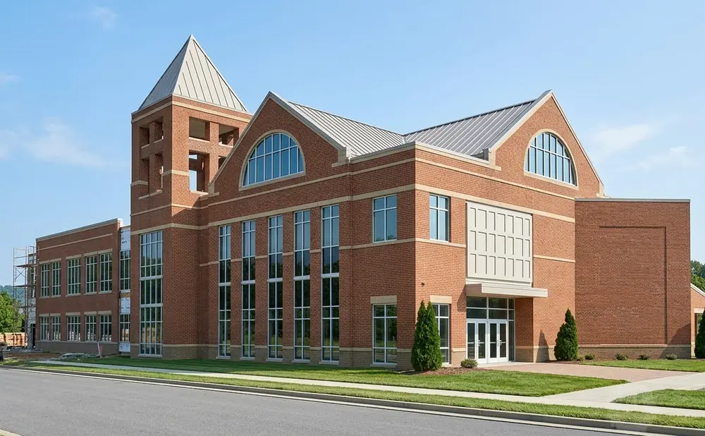 A brick building with a tower and large windows stands against a blue sky.