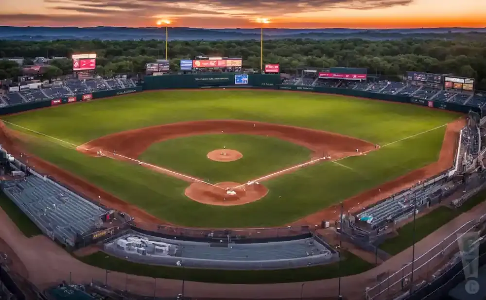 Aerial view of a baseball stadium at sunset with the field lit up and trees in the background.