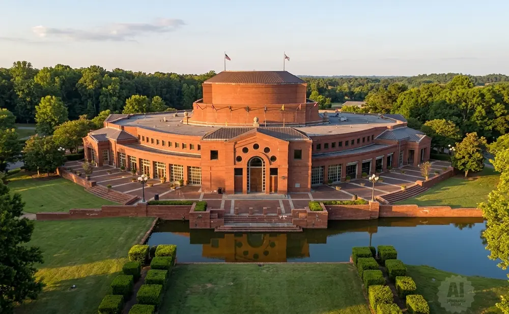 An aerial view of a large circular brick building with flags on top, surrounded by trees and a reflective pond.