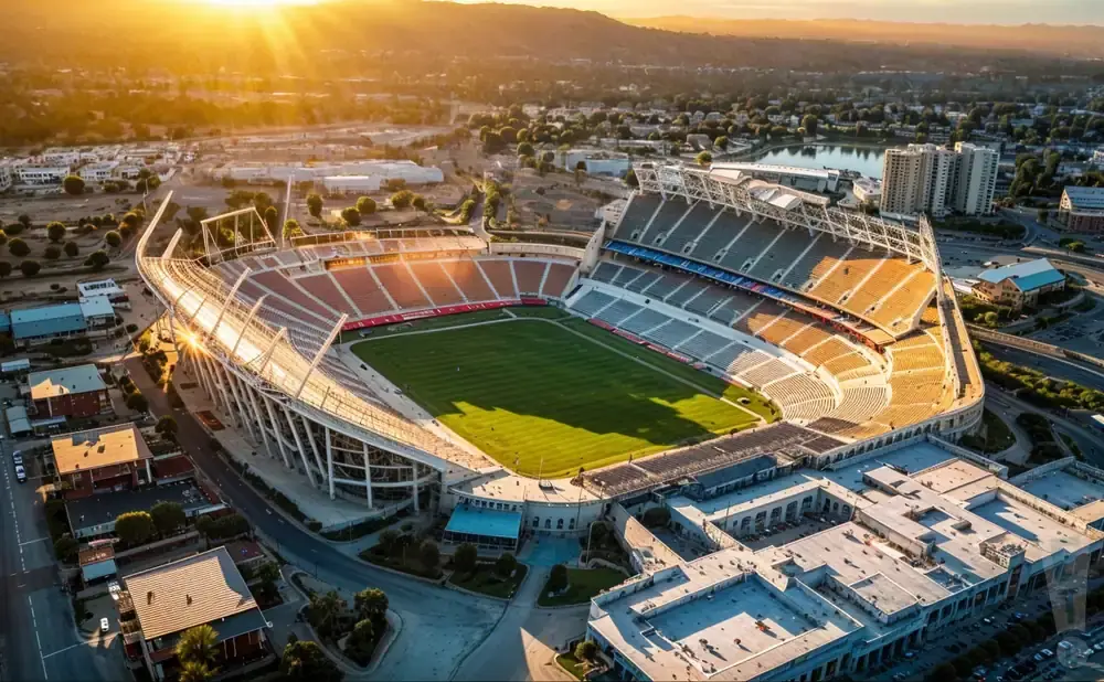 Aerial view of a large, empty stadium at sunset, with bright sunbeams illuminating the stands and field.