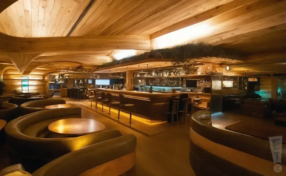 A dimly lit bar with curved booths and a wooden ceiling.