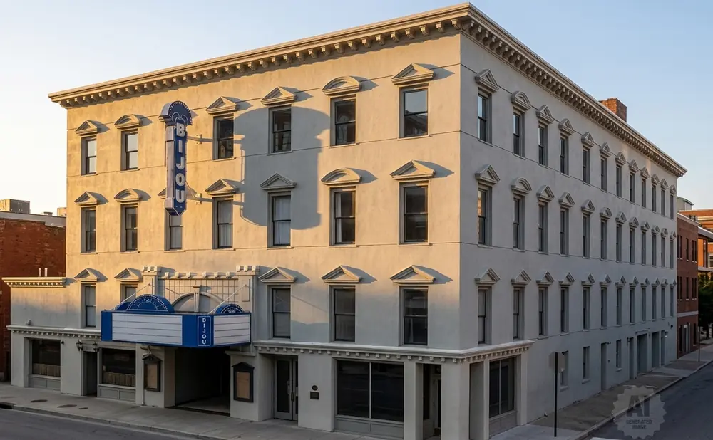 The Bijou theater building, with its ornate windows and marquee, glows in the warm afternoon sun.