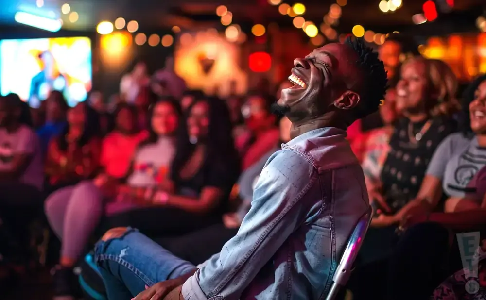 A Black man laughs heartily in a dimly lit room with a blurred audience and colorful lights.