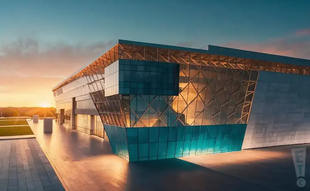Modern glass building with geometric patterns reflecting sunset light.