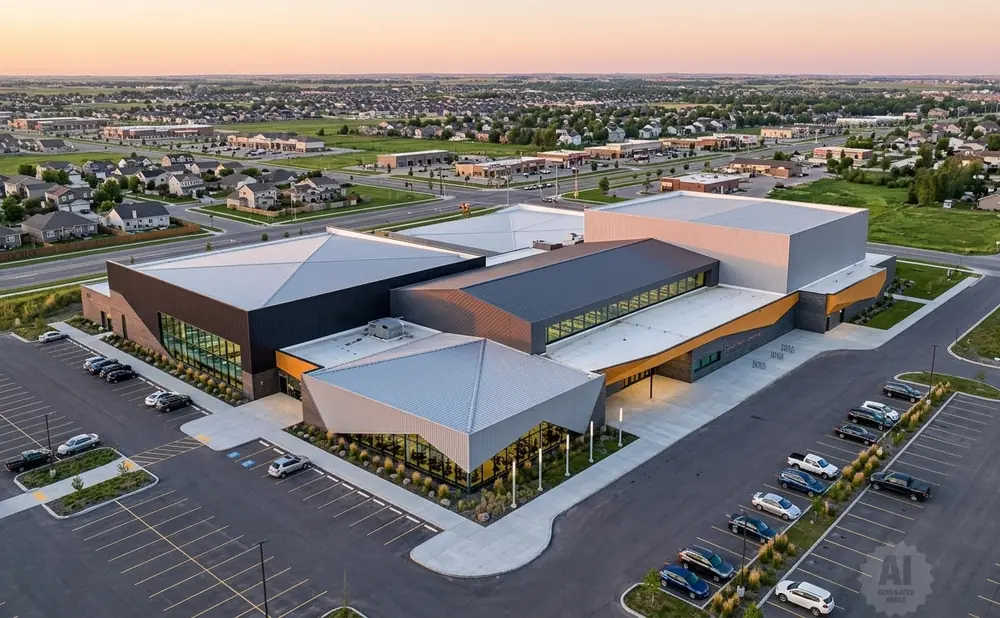 Modern building with angular roofs and large windows, surrounded by a parking lot and suburban landscape at sunset.