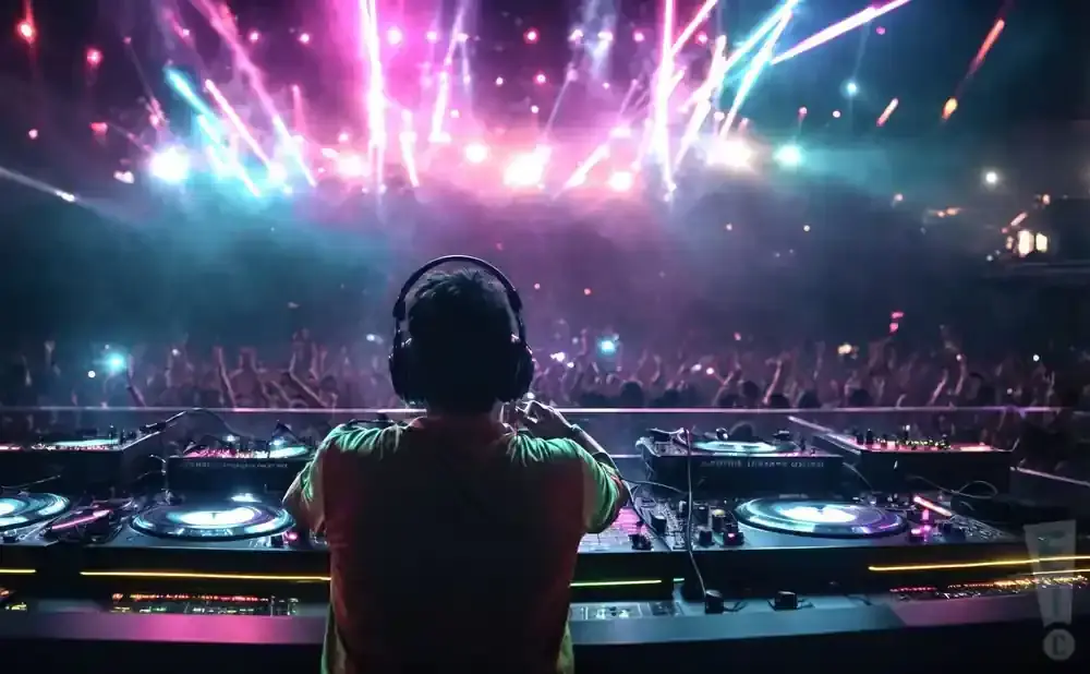 A DJ with headphones on plays music for a crowd at a concert, with bright stage lights overhead.