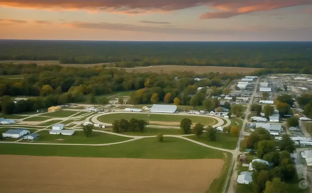 Aerial view of a fairground with a racetrack and buildings, surrounded by trees under a colorful sky.