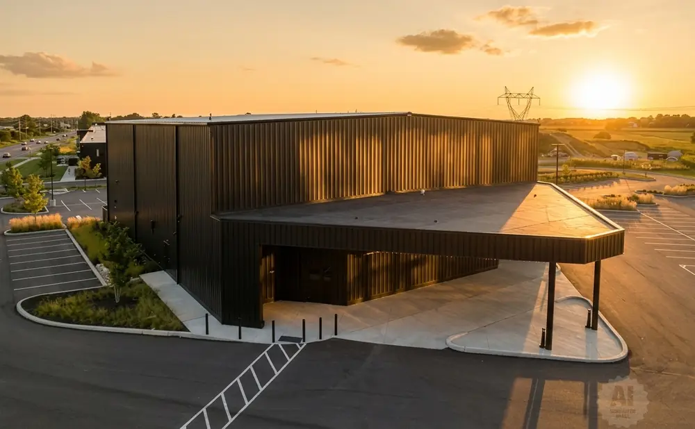 Modern industrial building with a cantilevered roof at sunset.