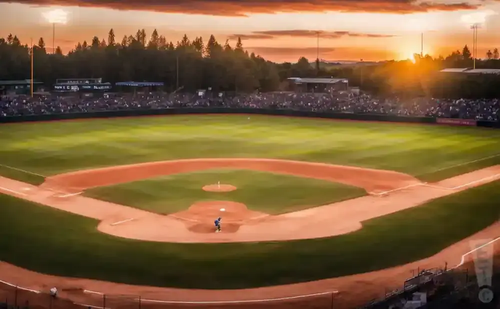 A baseball field at sunset with a player on the pitcher's mound and a stadium full of spectators.