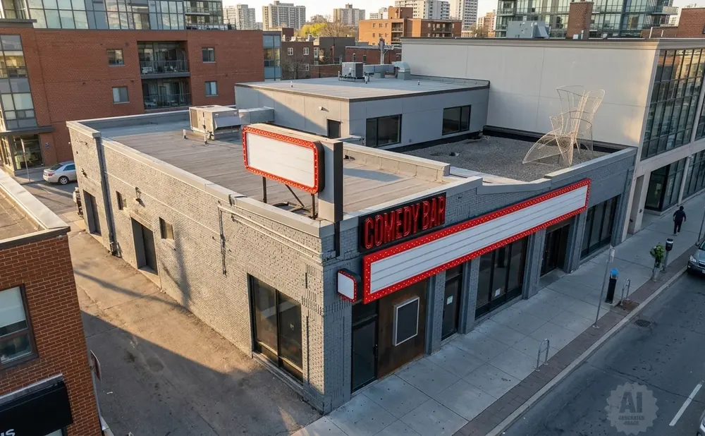 Comedy bar with marquee signs and sculptures on rooftop.