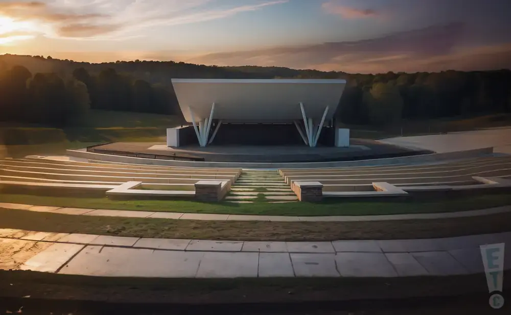 An outdoor amphitheater with a modern stage, seating tiers, and a tree-lined hill in the background under a sunset sky.
