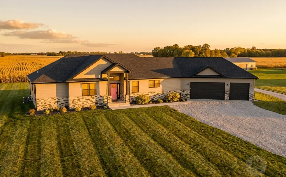 Modern house with pink door, dark garage doors, and beige siding, surrounded by a lawn, cornfield, and trees at sunset.